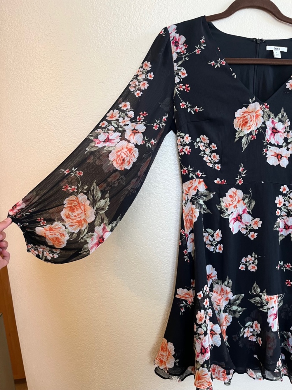 Bar III Black Floral V-Neck Ruffle Mini Dress - Picture 4 of 6